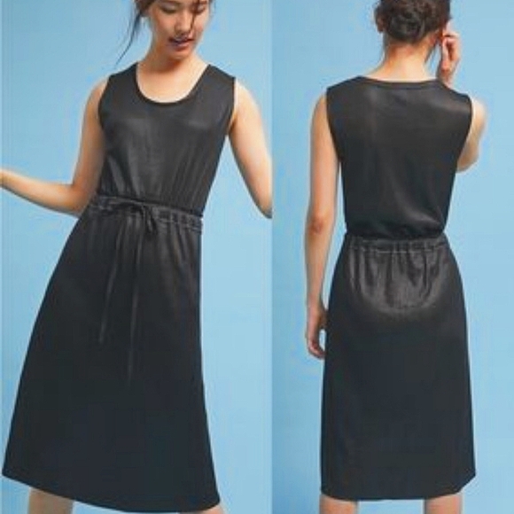 NWT Anthropologie Dolan Metallic Black Knit Drawstring Waist Ribbed Dress SM P - Picture 1 of 16